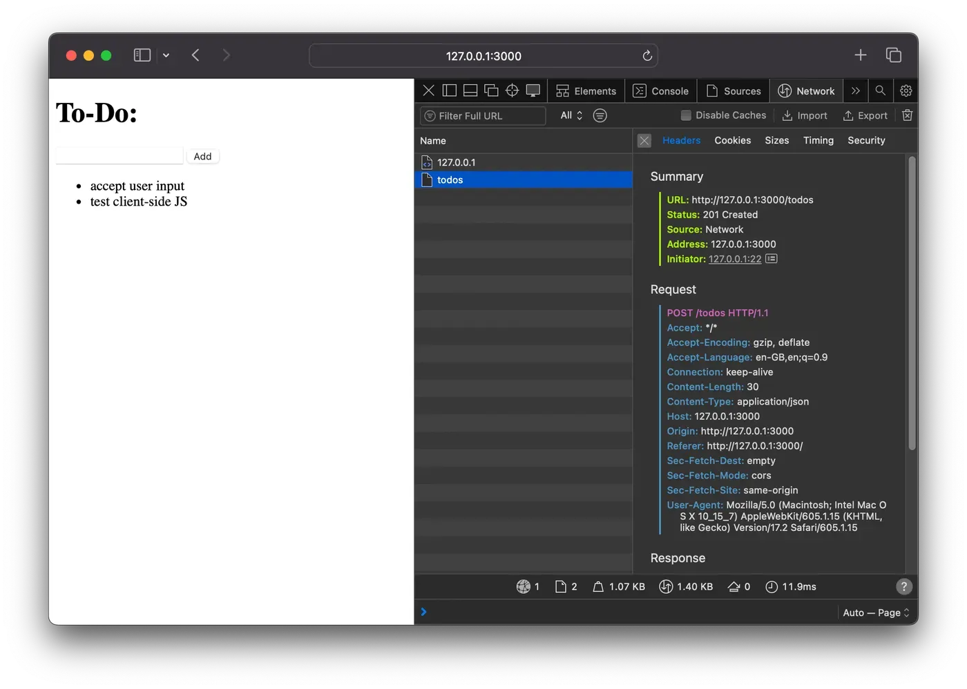 Browser DevTools showing a successful fetch request adding a todo item via JSON