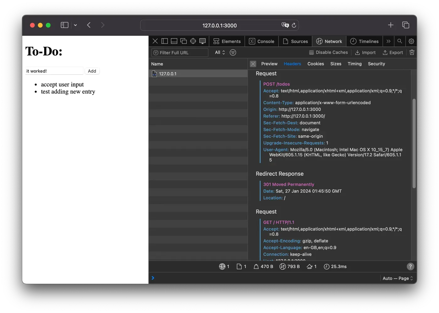 Browser showing the todo list with an HTML form to add new items