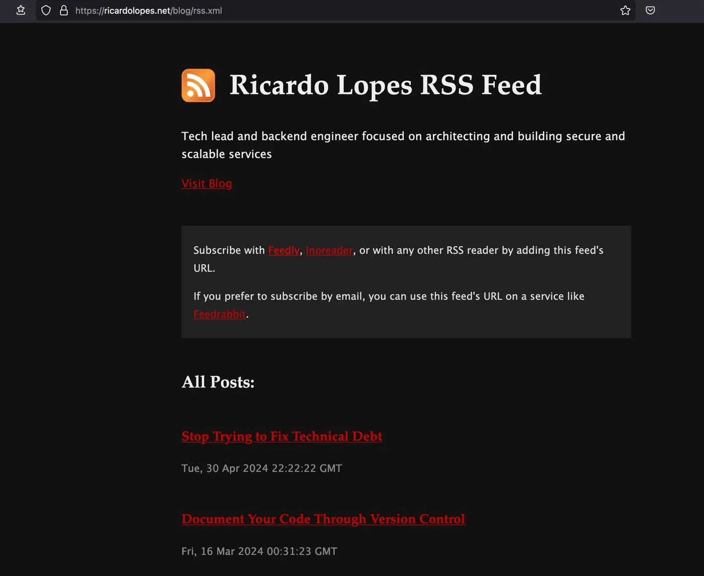 Screenshot of this blog’s RSS feed displayed in a modern web browser (Firefox), styled as a regular web page thanks to XSLT
